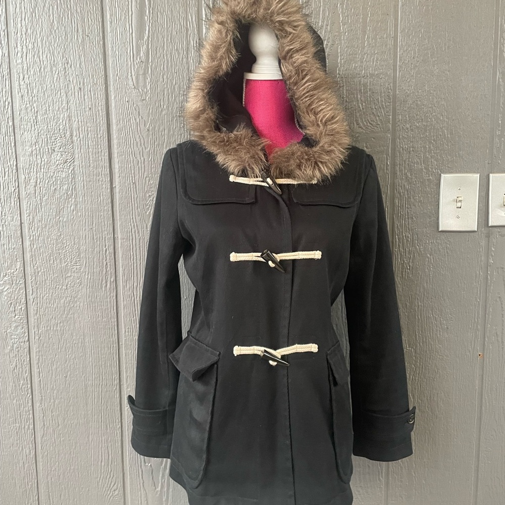 Women's Black Toggle Coat with Faux Fur Hood